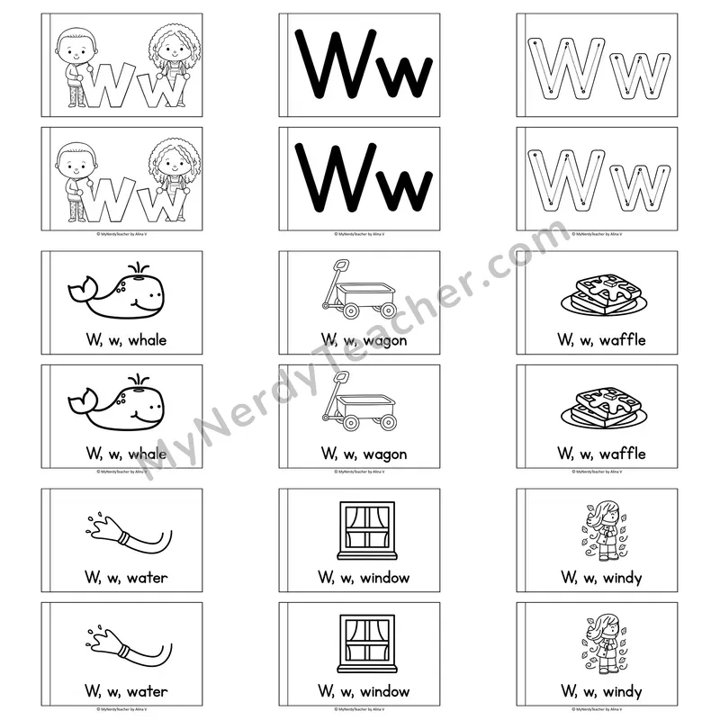 Letter W Alphabet Book — Printable Black and White Decodable Reader