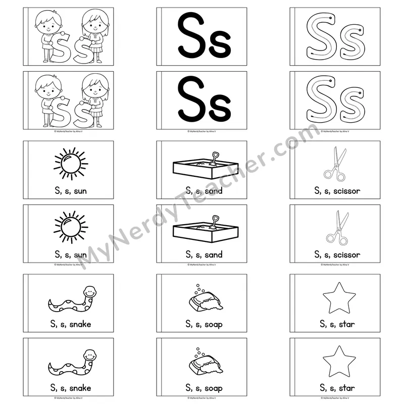 Letter S Alphabet Book — Printable Black and White Decodable Reader