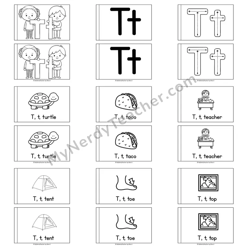 Letter T Alphabet Book — Printable Black and White Decodable Reader