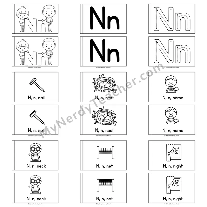 Letter N Alphabet Book — Printable Black and White Decodable Reader