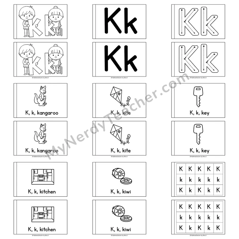 Letter K Alphabet Book — Printable Black and White Decodable Reader