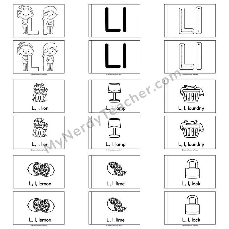 Letter L Alphabet Book — Printable Black and White Decodable Reader