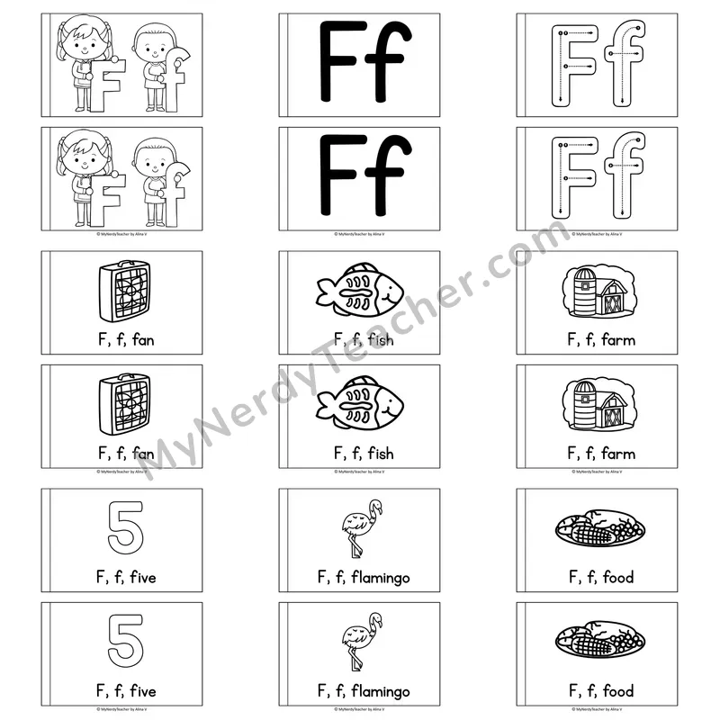 Letter F Alphabet Book — Printable Black and White Decodable Reader