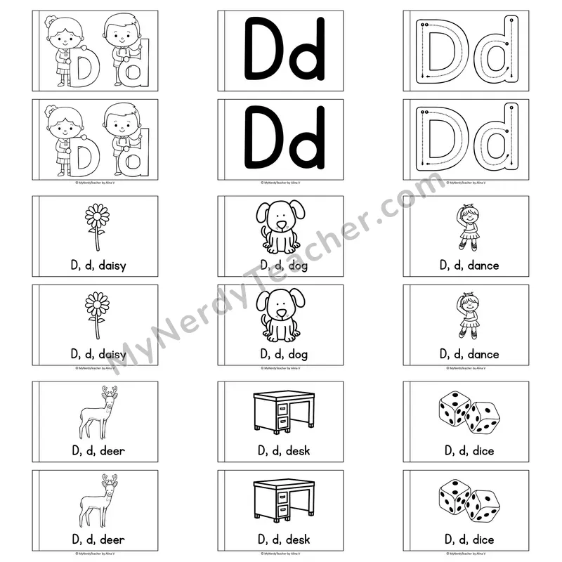Letter D Alphabet Book — Printable Black and White Decodable Reader