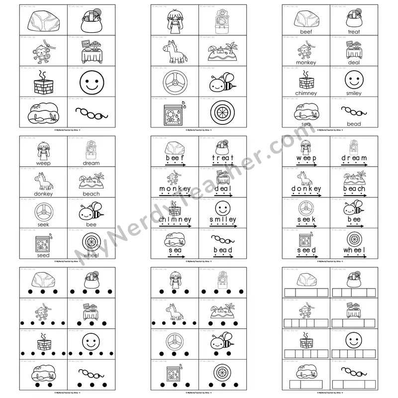 Vowel Teams (ee, ea, ey; long e) Word Work Activities — tree, sea, key, beach