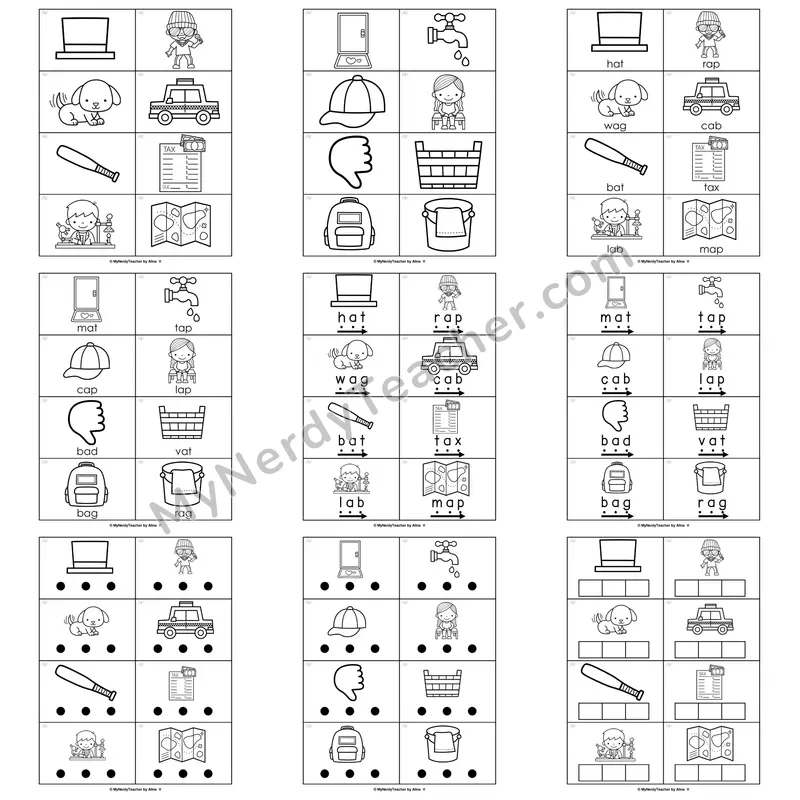 Short A Word Work Activities — mat, cap, lab, bag