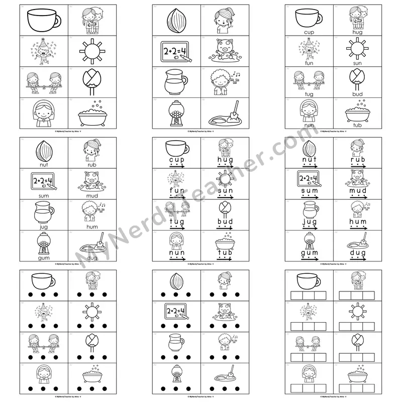 Short U Word Work Activities — mud, sun, bug, cup