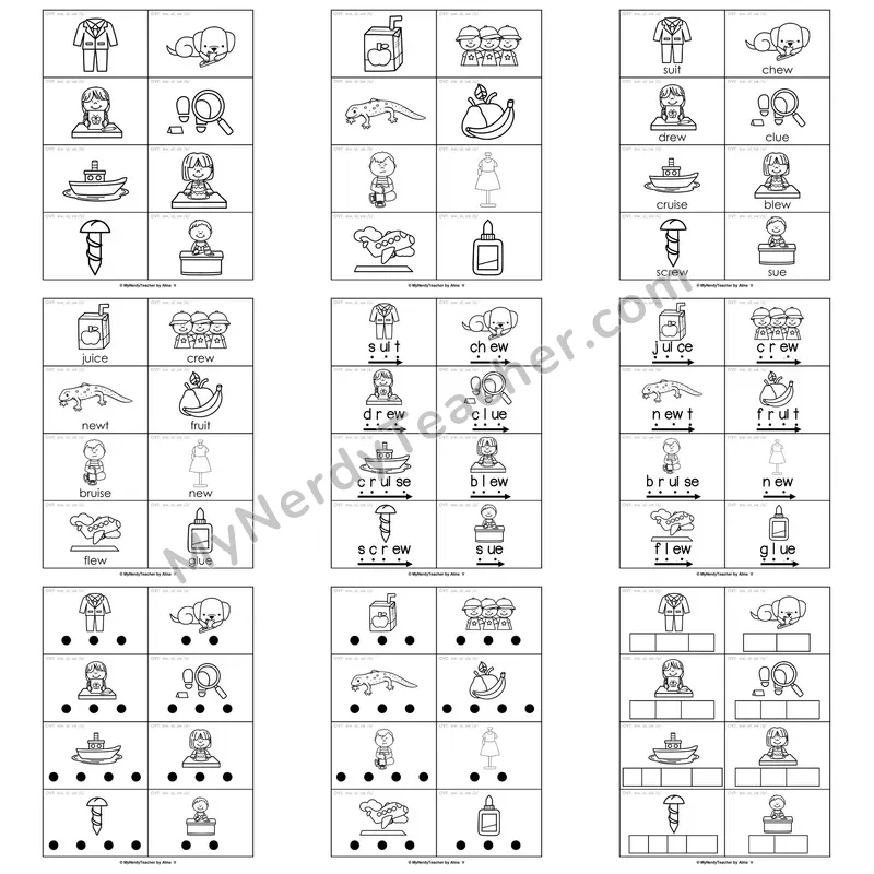 Other Vowel Teams (ew, ui, ue; long u) Word Work Activities — blew, fruit, suit, juice