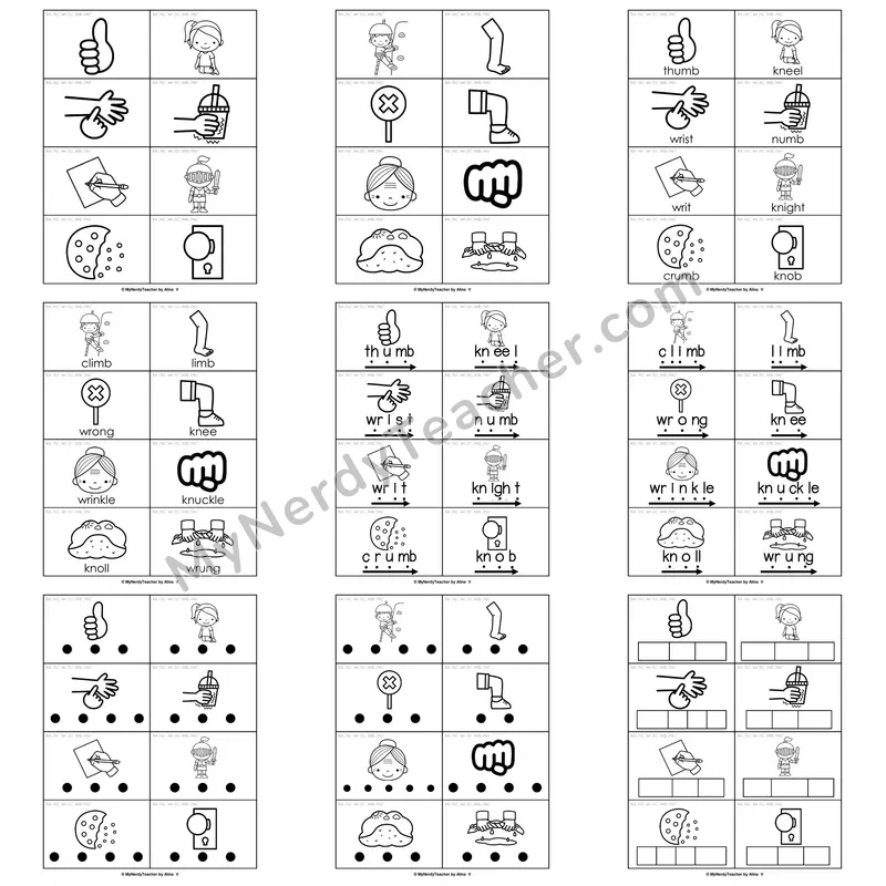Silent Letters (kn, wr, mb) Word Work Activities — knee, write, lamb, knot