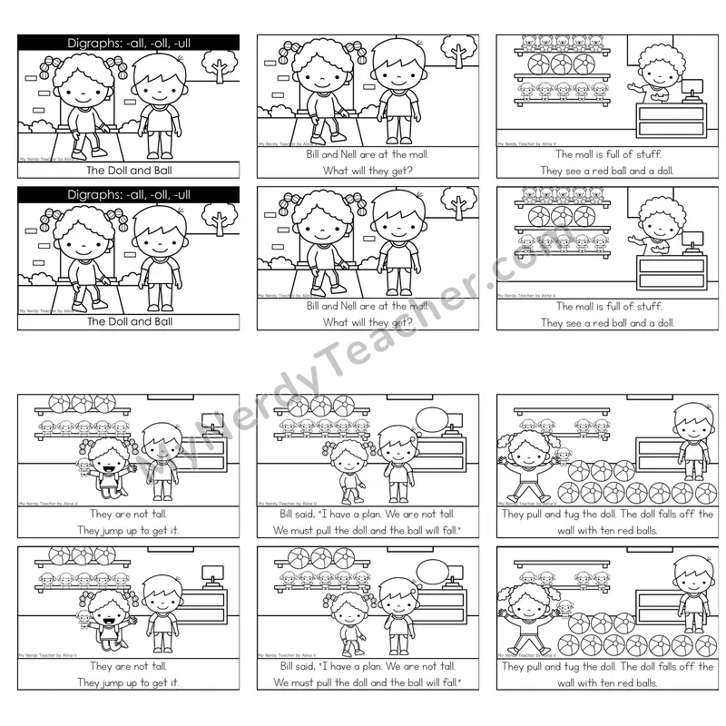 -all, -oll, -ull (Glued Sounds) Decodable Reader — The Doll and Ball (Black and White)