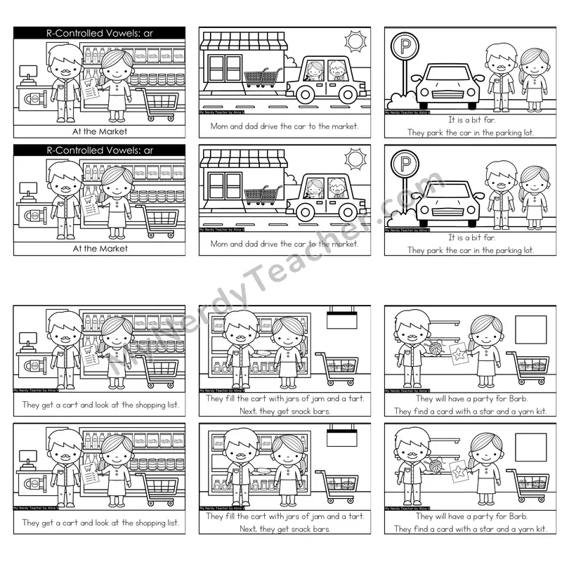 R-Controlled Vowels (ar) Decodable Reader — At the Market (Black and White)