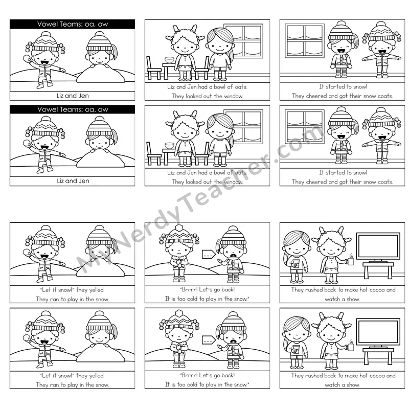 Vowel Teams (oa, ow, oe; long o) Decodable Reader — Liz and Jen (Black and White)