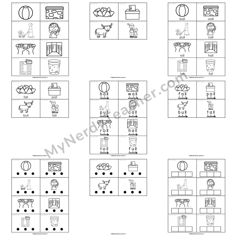 -all, -oll, -ull (Glued Sounds) Word Work Activities — ball, doll, full, tall