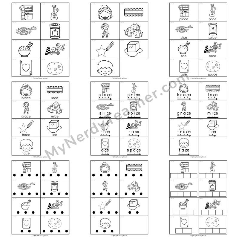 Soft C (_ce /s/) Word Work Activities — rice, mice, face, place