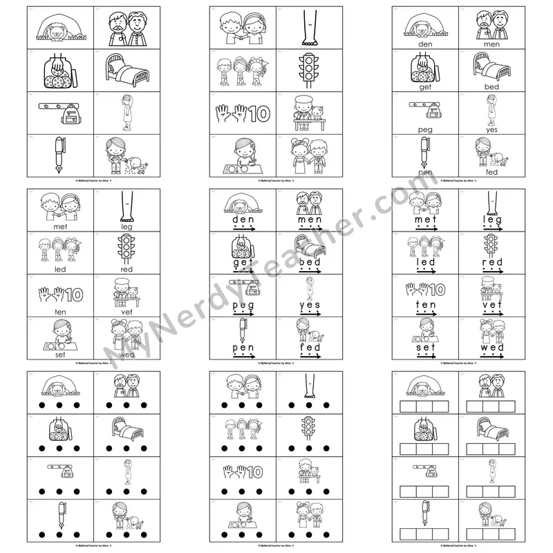 Short E Word Work Activities — pen, bed, hen, jet