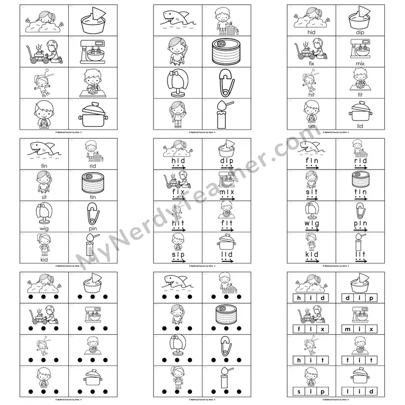 Short I Word Work Activities — pin, sit, lid, big