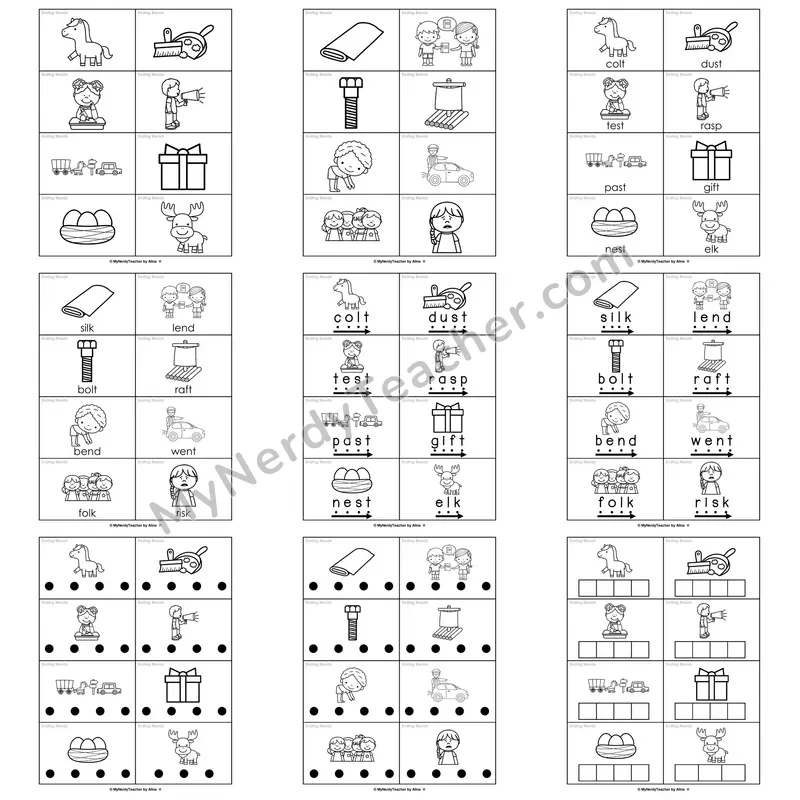 Ending Blends (mp, nd, st, ft, sk, lt, lk, nt, nch, ct) Word Work Activities — lamp, sand, tent, dust