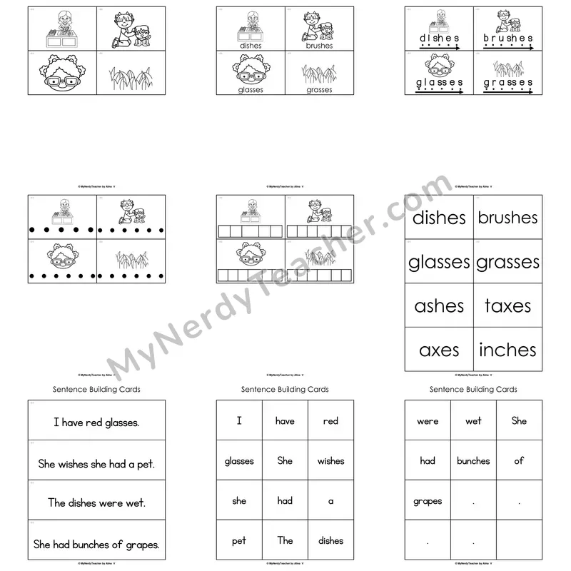 Suffix -es Word Work Activities — boxes, foxes, dishes, glasses