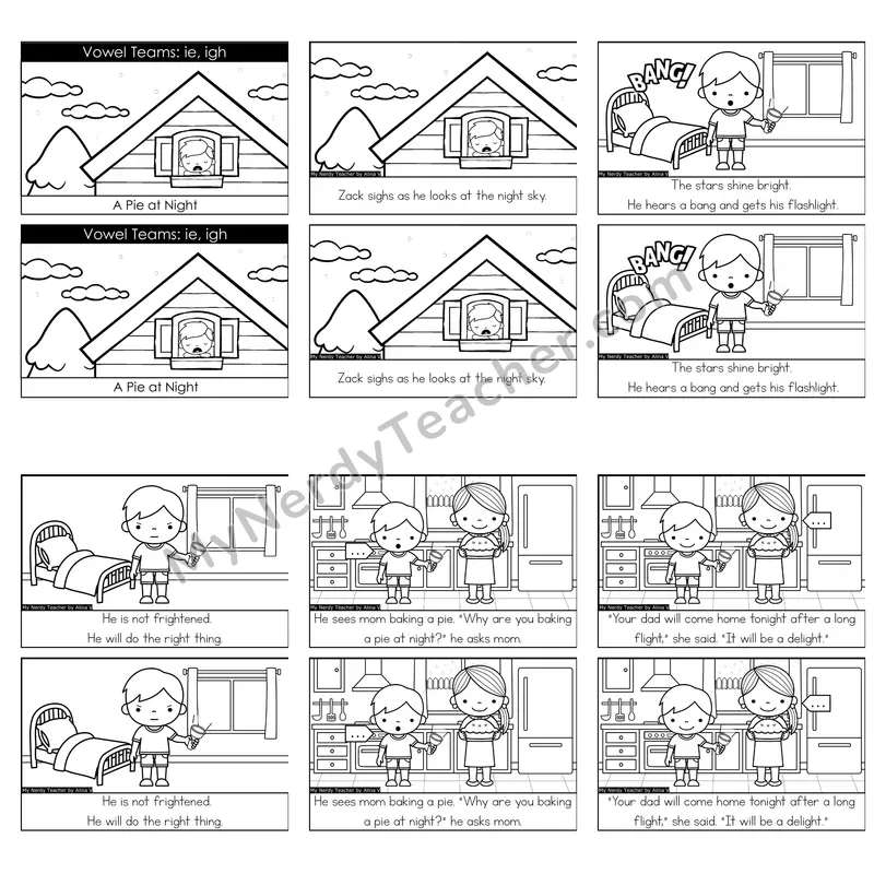 Vowel Teams (ie, igh; long i) Decodable Reader — A Pie at Night (Black and White)