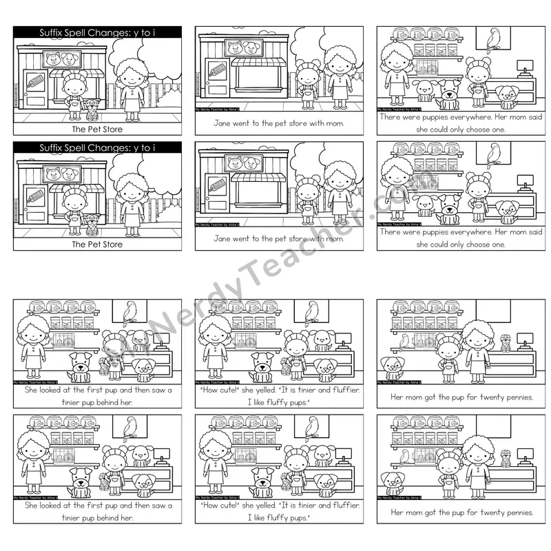 Suffix Spelling (y to i Rule) Decodable Reader — The Pet Store (Black and White)