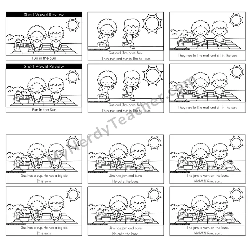 Mixed Short Vowels Decodable Reader — Fun in the Sun (Black and White)