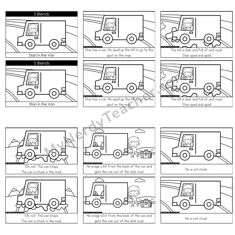 S-Blends (sc, sk, sl, sm, sn, sp, st, sw) Decodable Reader — Stan in the Van (Black and White)