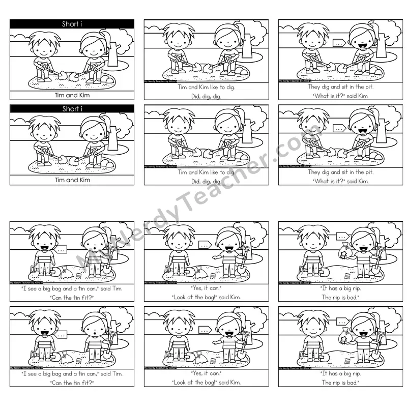 Short I Decodable Reader — Tim and Kim (Black and White)