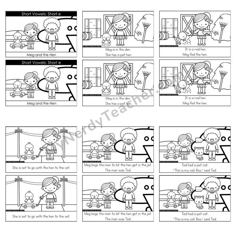 Short E Decodable Reader — Meg and the Hen (Black and White)