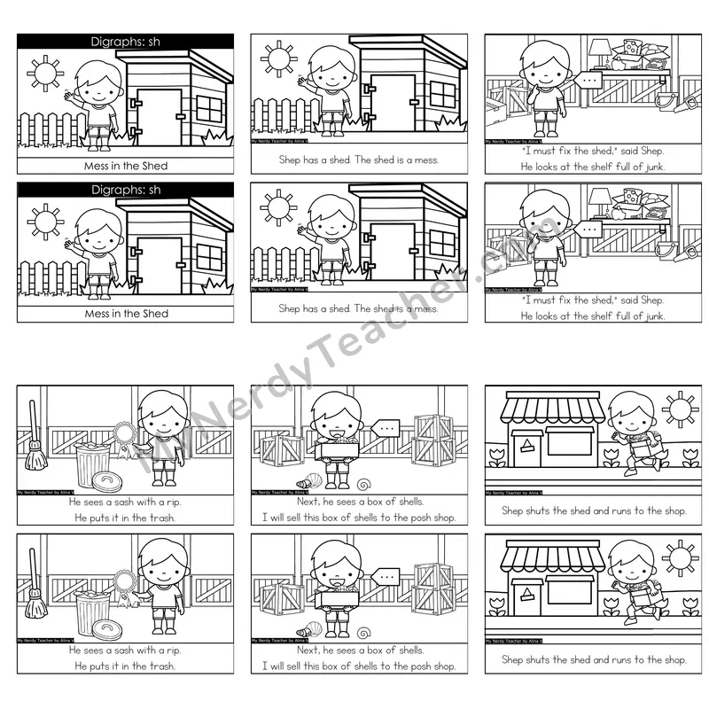 SH Digraph Decodable Reader — Mess in the Shed (Black and White)