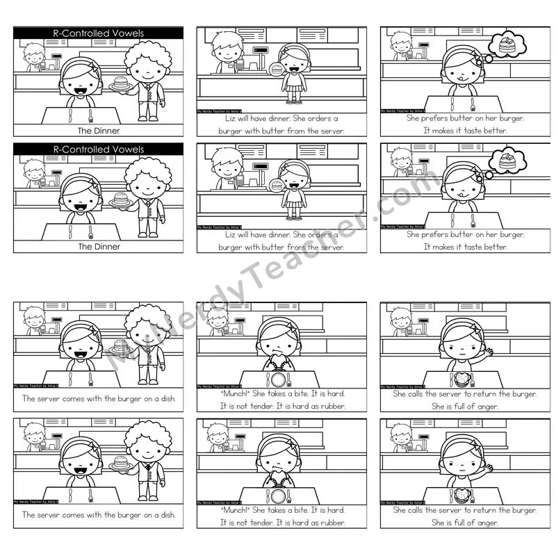 R-Controlled Vowels Review (ar, or, er, ir, ur) Decodable Reader — The Dinner (Black and White)