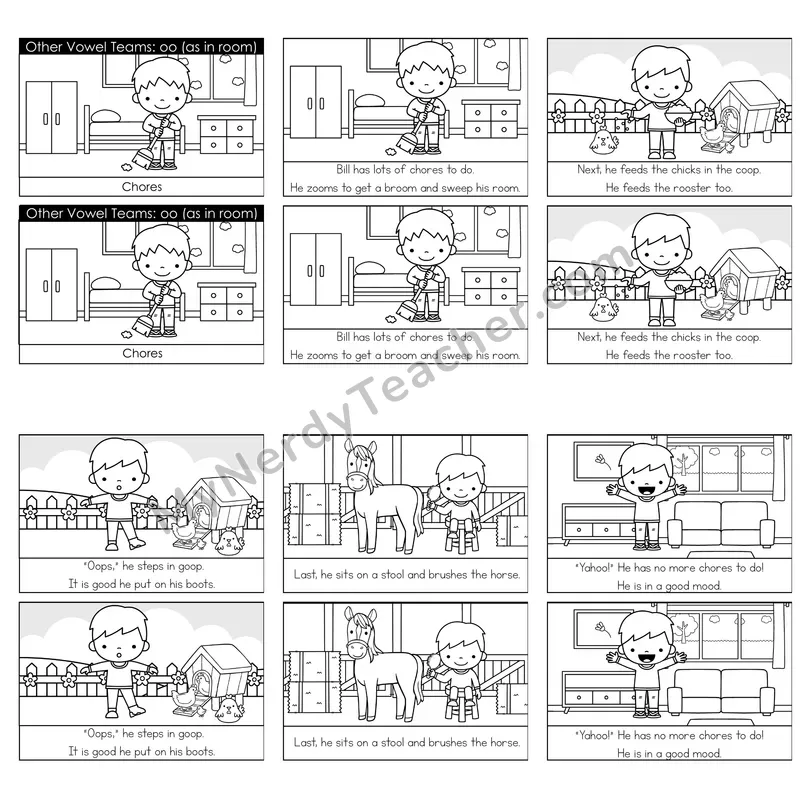 Other Vowel Teams (oo; long /ū/) Decodable Reader — Chores (Black and White)