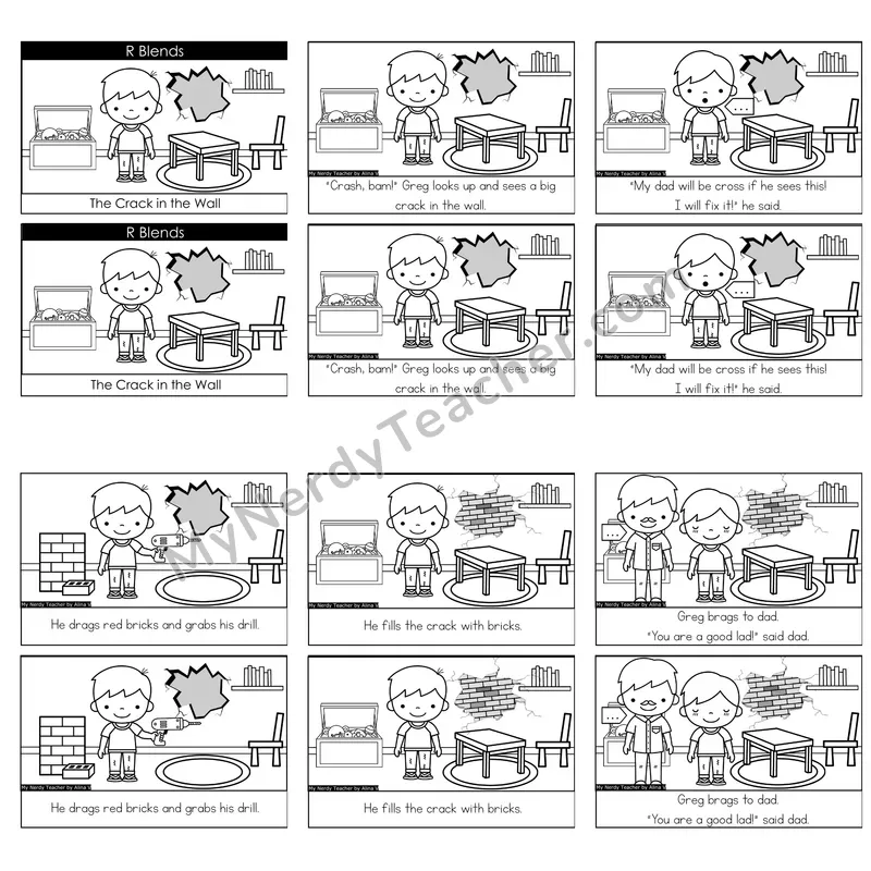 R-Blends (br, cr, dr, fr, gr, pr, tr) Decodable Reader — The Crack in the Wall (Black and White)