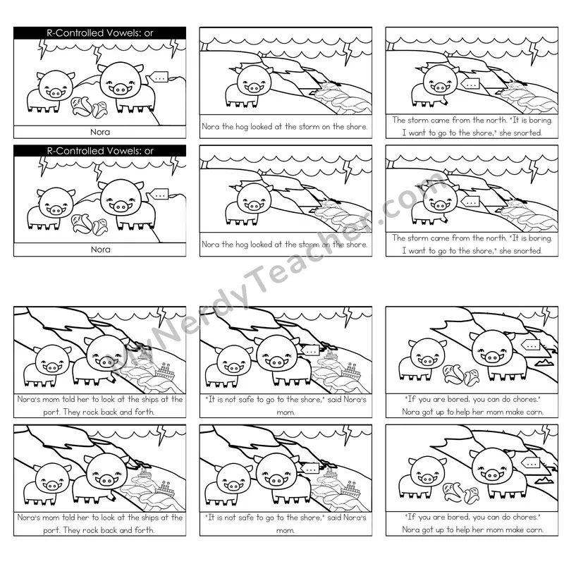 R-Controlled Vowels (or, ore) Decodable Reader — Nora (Black and White)