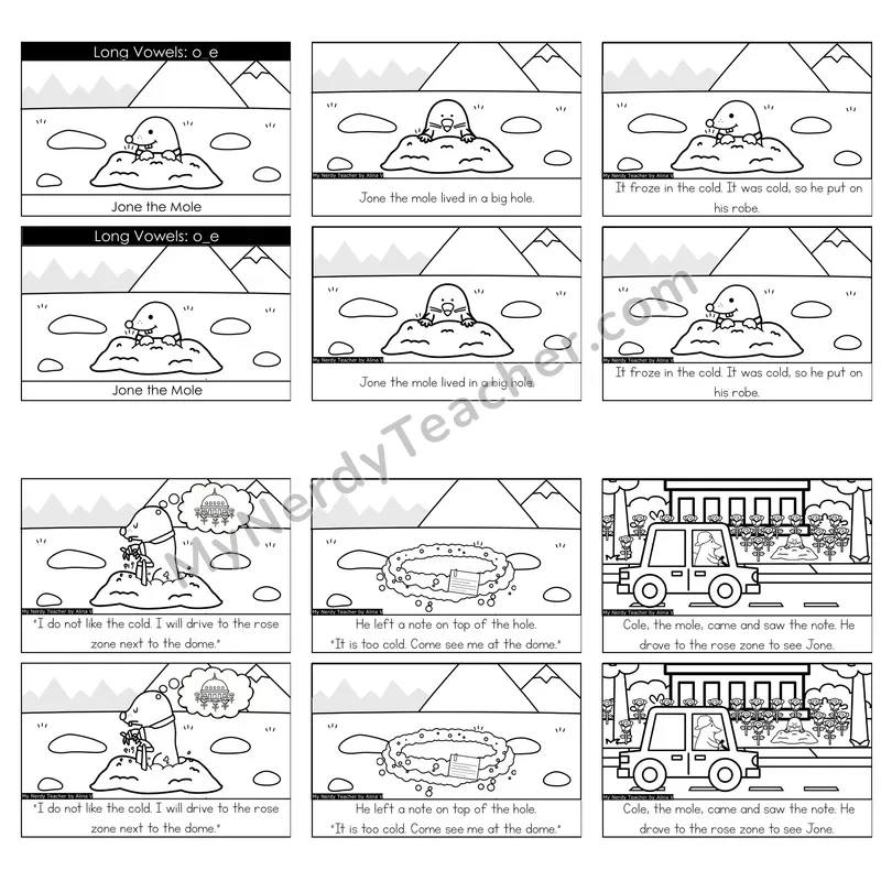 Long O (o_e; VCe) Decodable Reader — Jone the Mole (Black and White)
