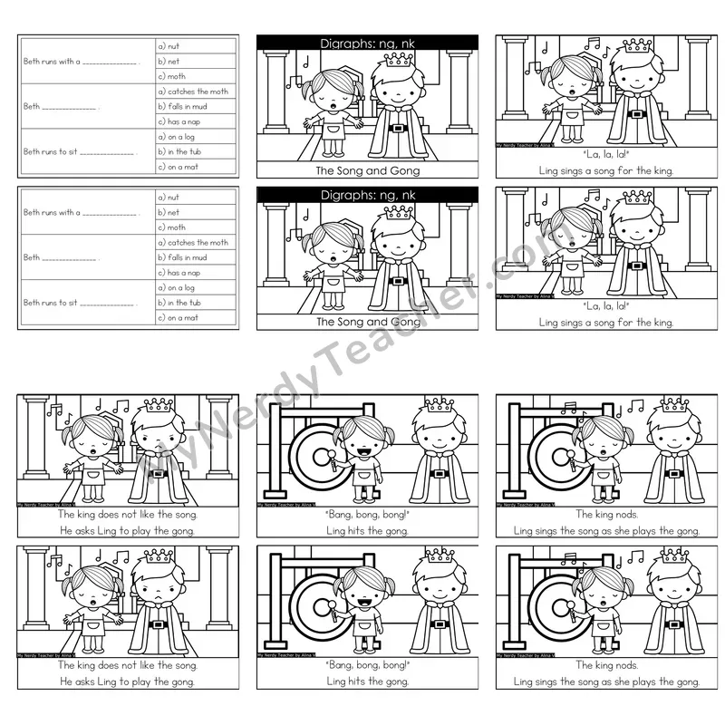 Nasal Blends NG and NK Decodable Reader — The Song and Gong (Black and White)
