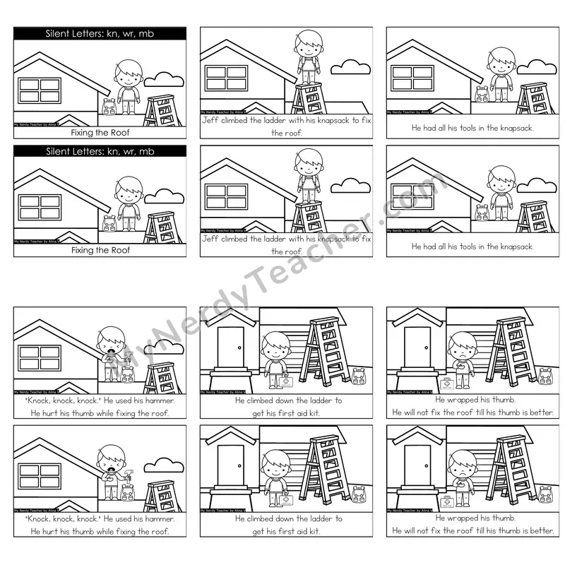 Silent Letters (kn, wr, mb) Decodable Reader — Fixing the Roof (Black and White)