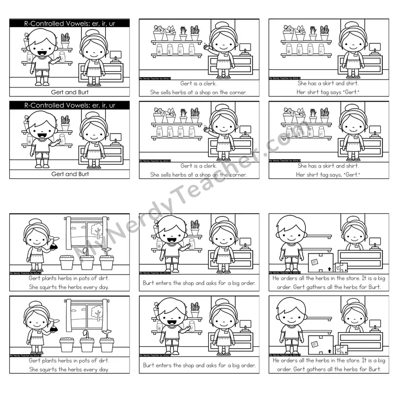 R-Controlled Vowels (ir, er, ur) Decodable Reader — Gert and Burt (Black and White)