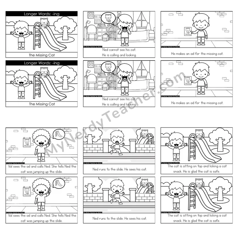 Suffix -ing Decodable Reader — The Missing Cat (Black and White)