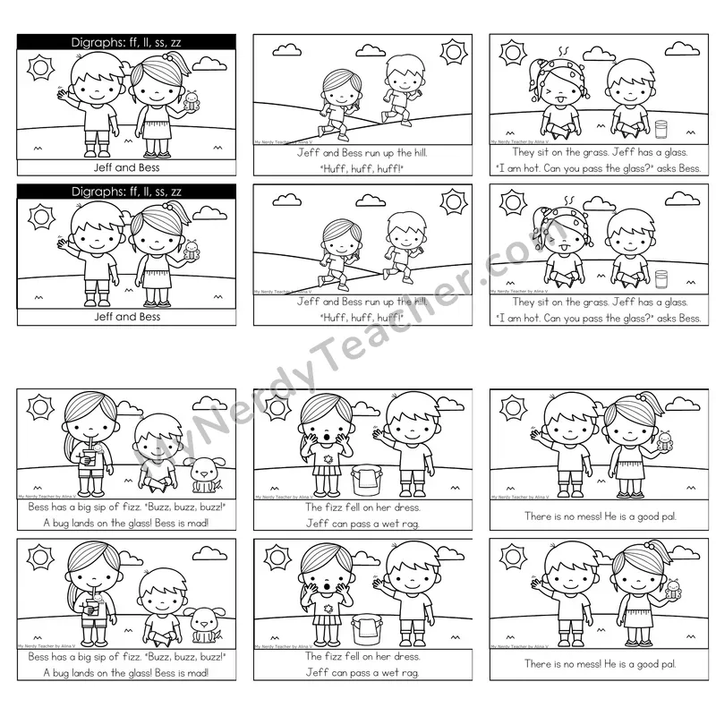FLSZ Spelling Rule (ff, ll, ss, zz) Decodable Reader — Jeff and Bess (Black and White)