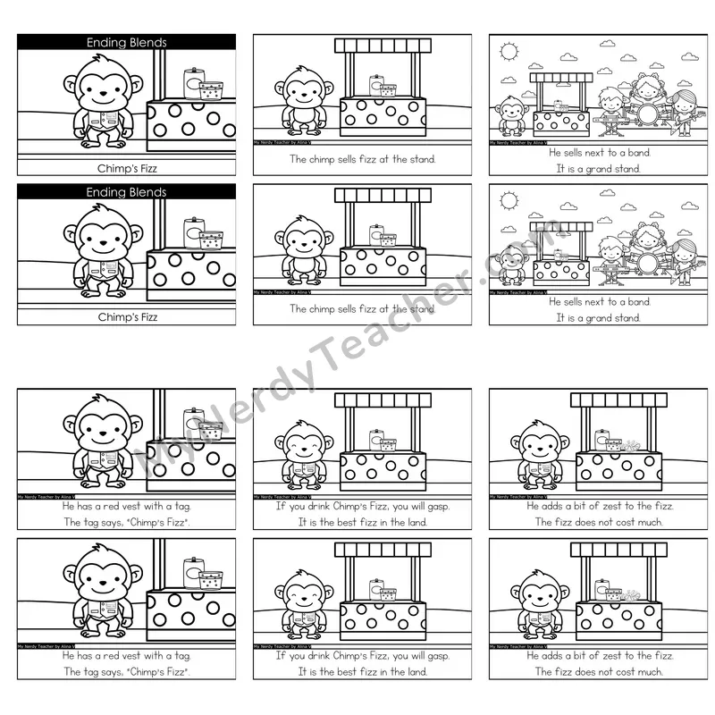 Ending Blends (mp, nd, st, ft, sk, lt, lk, nt, nch, ct) Decodable Reader — Chimps Fizz (Black and White)