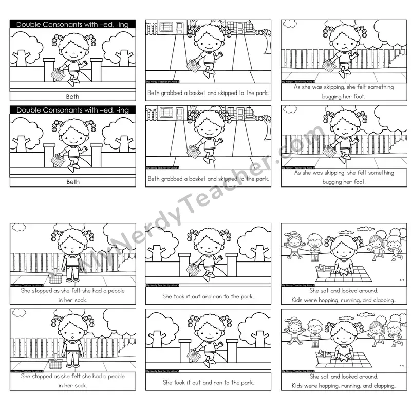 Doubling Rule — Double Consonant + ed/ing Decodable Reader — Beth (Black and White)