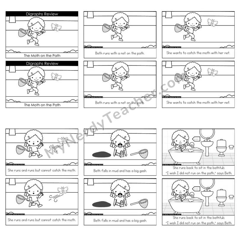 Digraphs Review Decodable Reader — The Moth on the Path (Black and White)