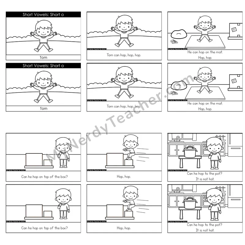 Short O Decodable Reader — Tom (Black and White)