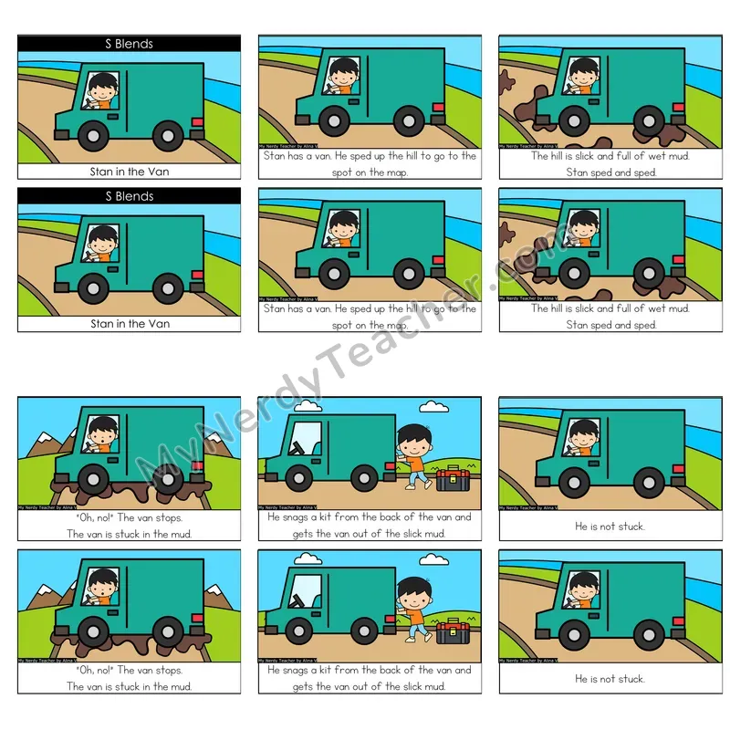 S-Blends (sc, sk, sl, sm, sn, sp, st, sw) Decodable Reader — Stan in the Van (Color)