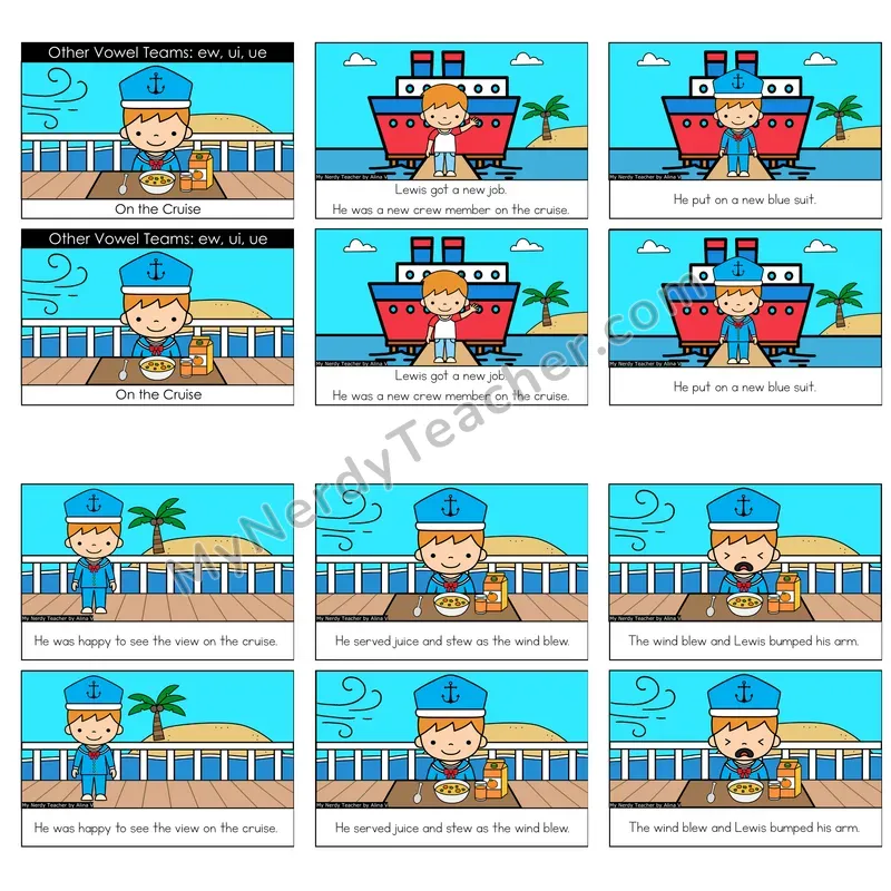 Other Vowel Teams (ew, ui, ue; long u) Decodable Reader — On the Cruise (Color)
