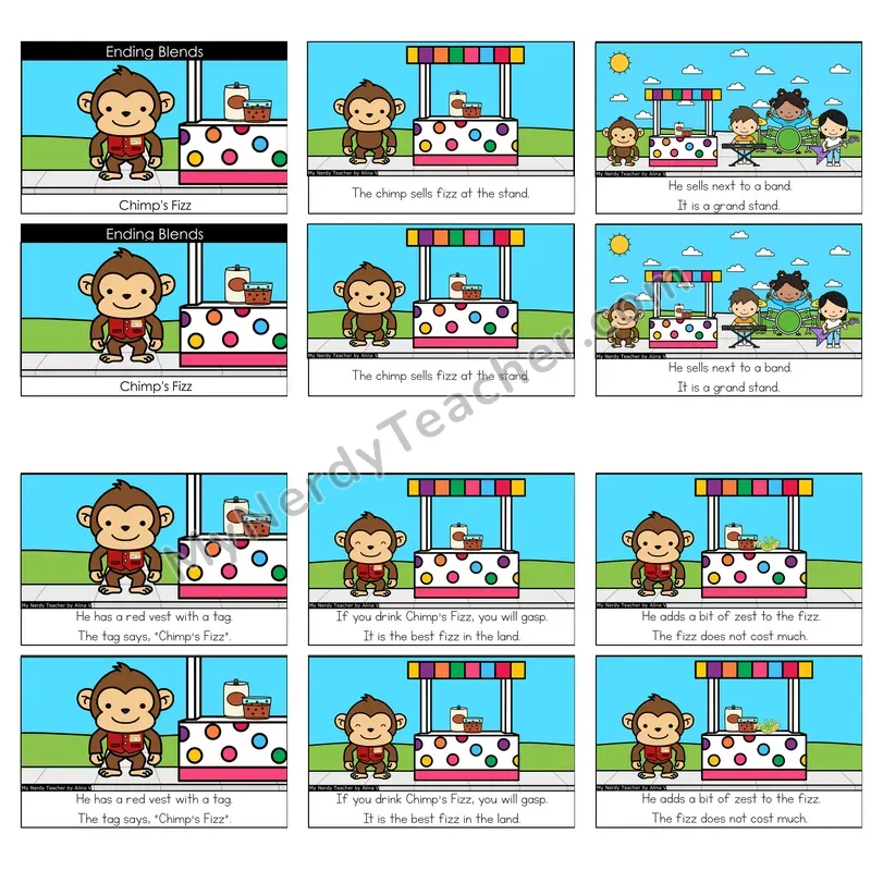 Ending Blends (mp, nd, st, ft, sk, lt, lk, nt, nch, ct) Decodable Reader — Chimps Fizz (Color)