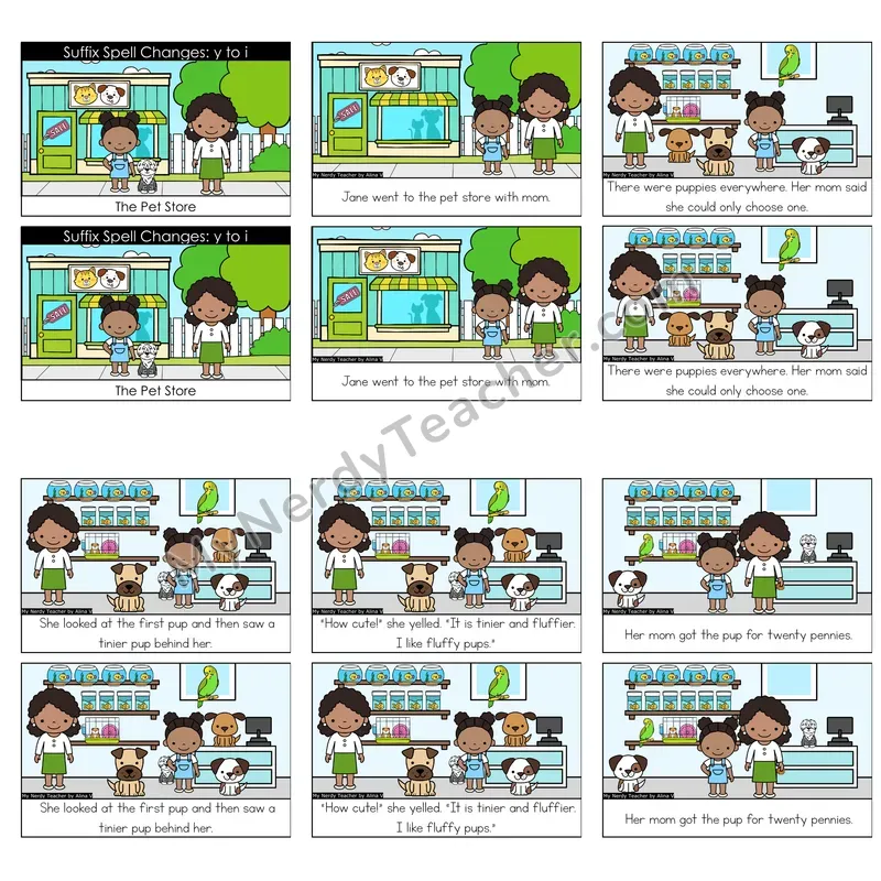 Suffix Spelling (y to i Rule) Decodable Reader — The Pet Store (Color)