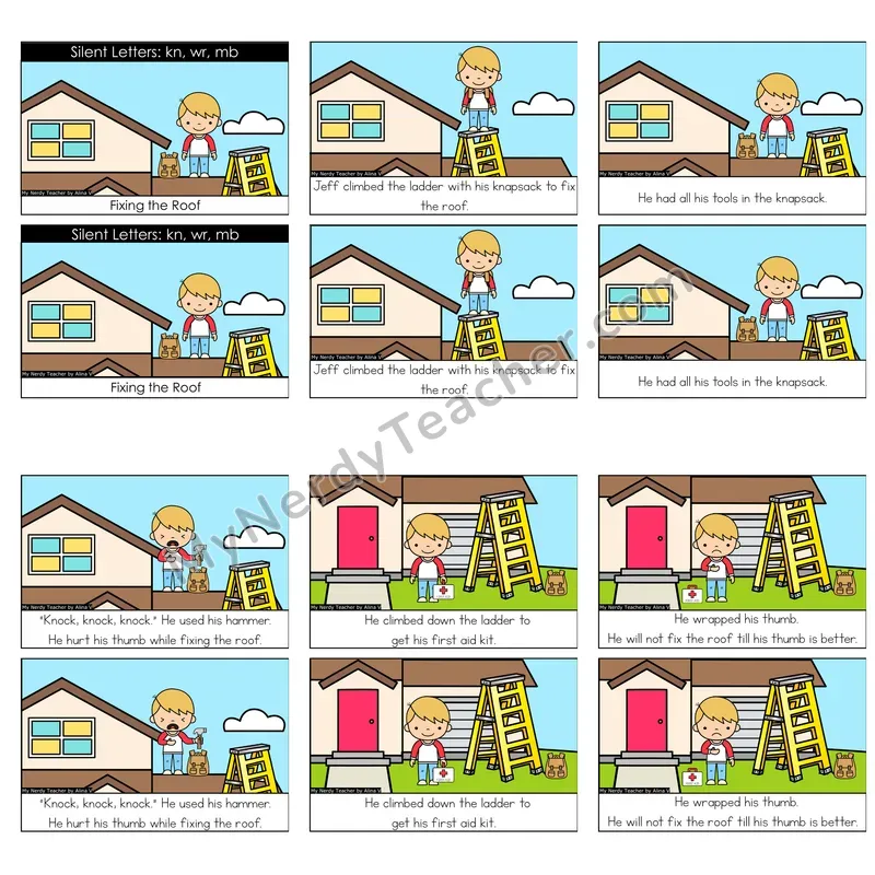 Silent Letters (kn, wr, mb) Decodable Reader — Fixing the Roof (Color)