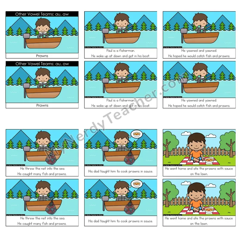 Other Vowel Teams (au, aw, augh; /aw/) Decodable Reader — Prawns (Color)