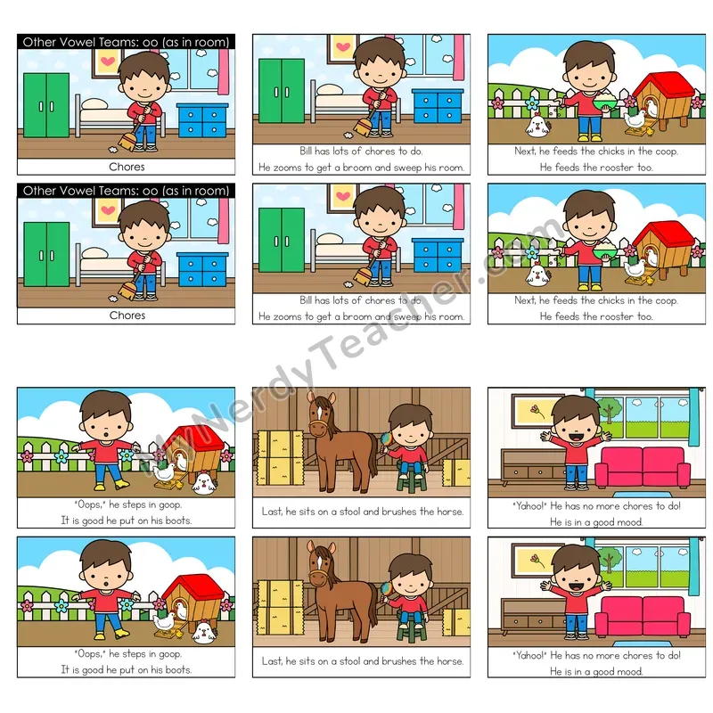 Other Vowel Teams (oo; long /ū/) Decodable Reader — Chores (Color)